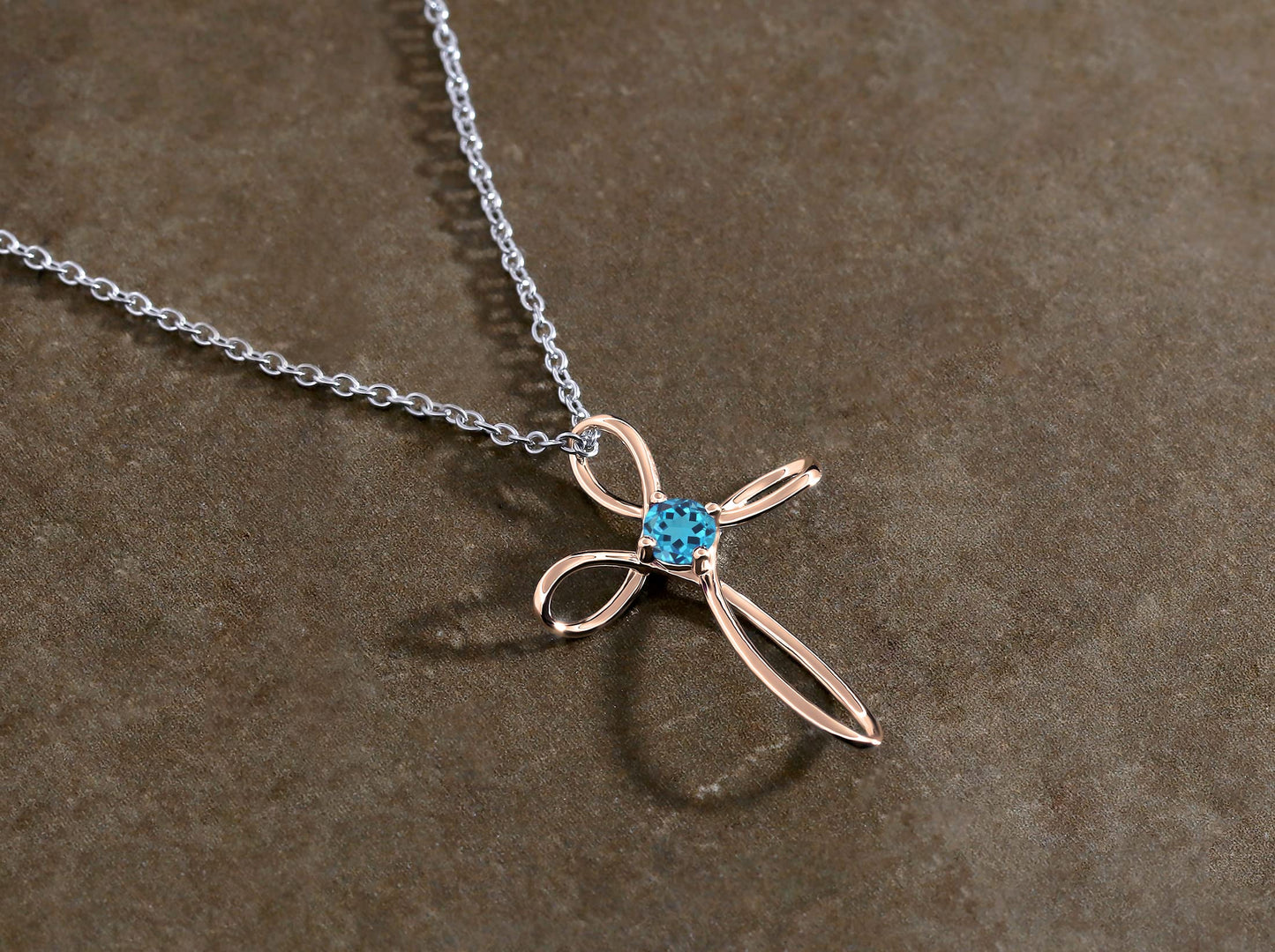 Dazzlingrock Collection 4mm Round Blue Topaz Solitaire Twisted Criss Cross Pendant with 18 inch Silver Chain for Women in 14K Rose Gold