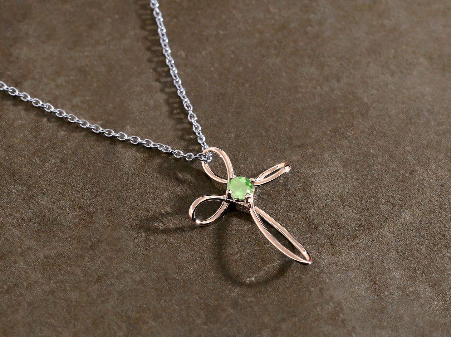 Dazzlingrock Collection 4mm Round Peridot Solitaire Twisted Criss Cross Pendant with 18 inch Silver Chain for Women in 14K Rose Gold